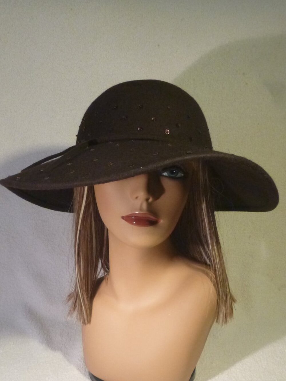 Something Special Brown 100% Wool Felt Floppy Wide Brim Rhinestone Bling Hat
